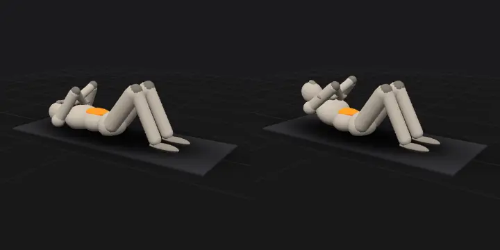 Floor crunch: top and bottom position of the repetition, 3D model