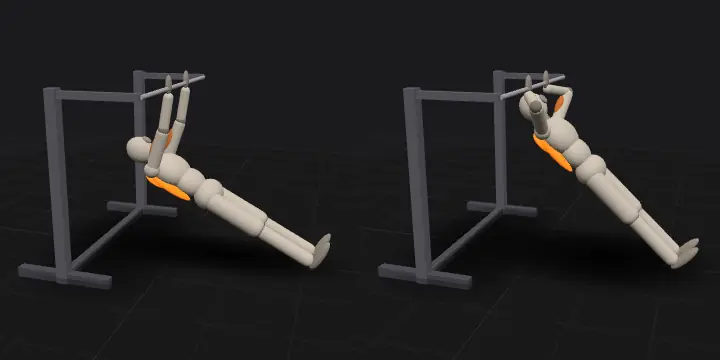 Australian pull-up (inverted row): top and bottom position of the repetition, 3D model