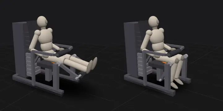 Згинання ніг сидячи: верхнє й нижнє положення повтору, 3D-модель