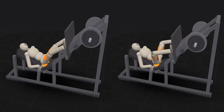Жим ногами: стопи високо й широко: верхнє й нижнє положення повтору, 3D-модель