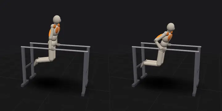 Dip on parallel bars: top and bottom position of the repetition, 3D model