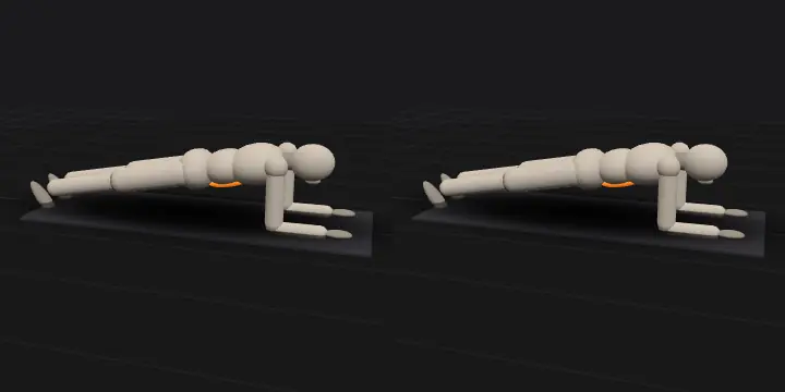 Планка на локтях: верхнее и нижнее положение повторения, 3D-модель